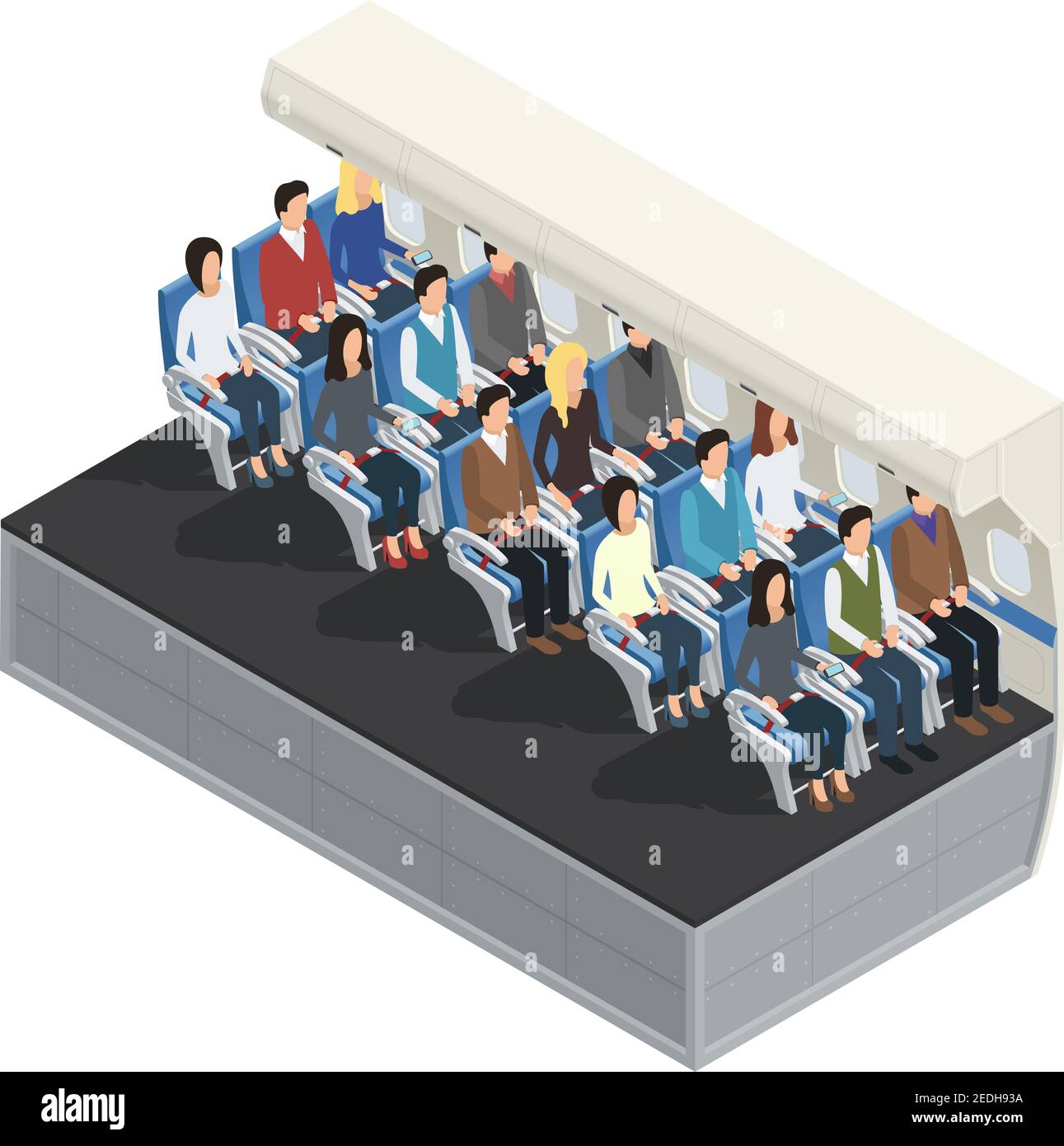 Colored airplane interior isometric 3d concept with seated passengers ...