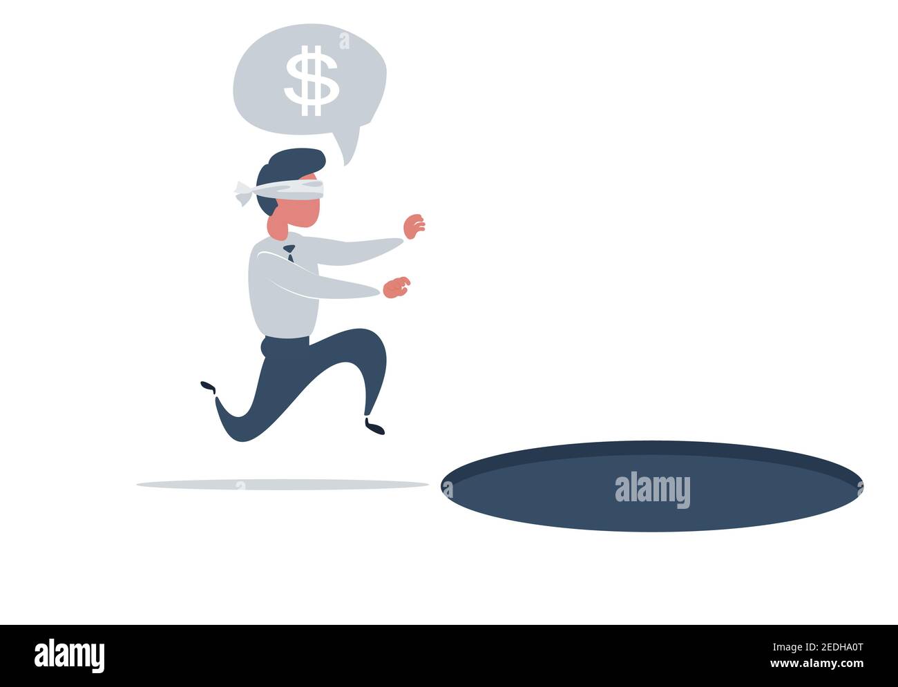 Blind investment concept. Blindfolded businessman running to find money with pit hole. Man runs to business trap Stock Vector