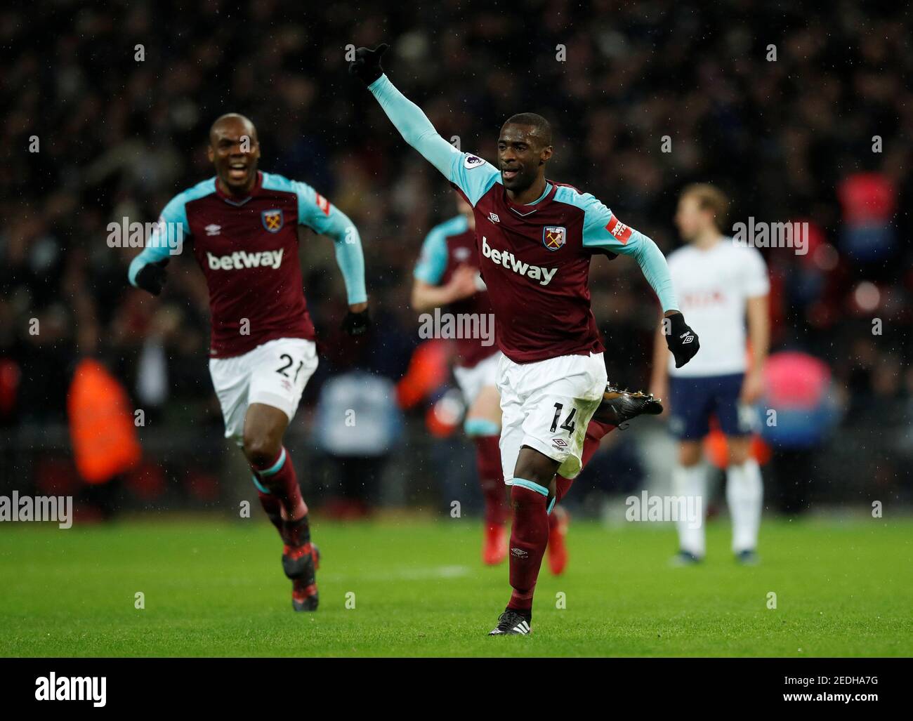 Soccer Football - Premier League - Tottenham Hotspur vs West Ham United - Wembley Stadium, London, Britain - January 4, 2018   West Ham United's Pedro Obiang celebrates scoring their first goal    REUTERS/Eddie Keogh    EDITORIAL USE ONLY. No use with unauthorized audio, video, data, fixture lists, club/league logos or 'live' services. Online in-match use limited to 75 images, no video emulation. No use in betting, games or single club/league/player publications.  Please contact your account representative for further details. Stock Photo