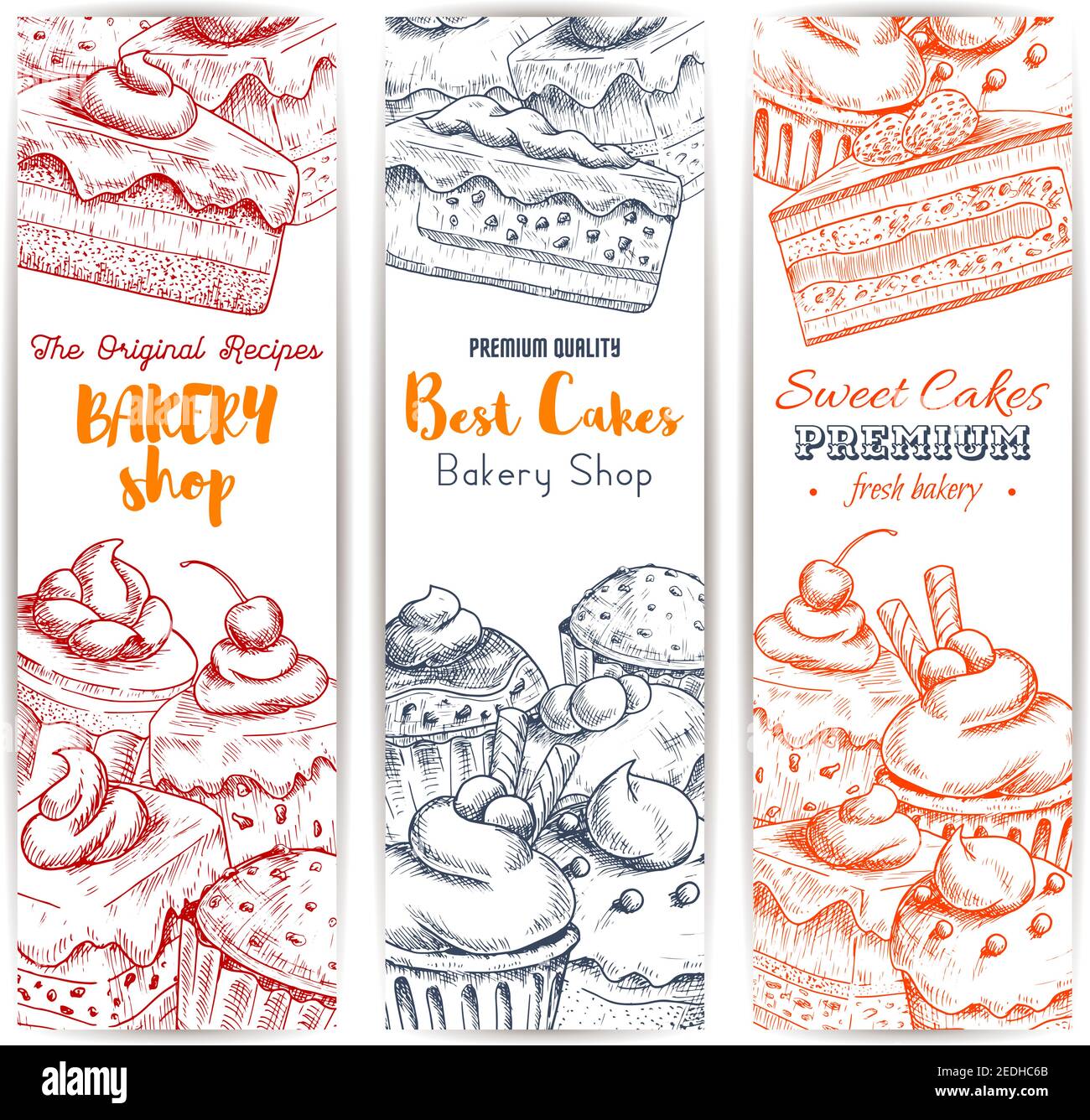 Bakery, pastry sweets and desserts sketch. Vector banners set with cakes and cupcakes, chocolate muffins, creamy pies and tarts, vanilla biscuit puddi Stock Vector
