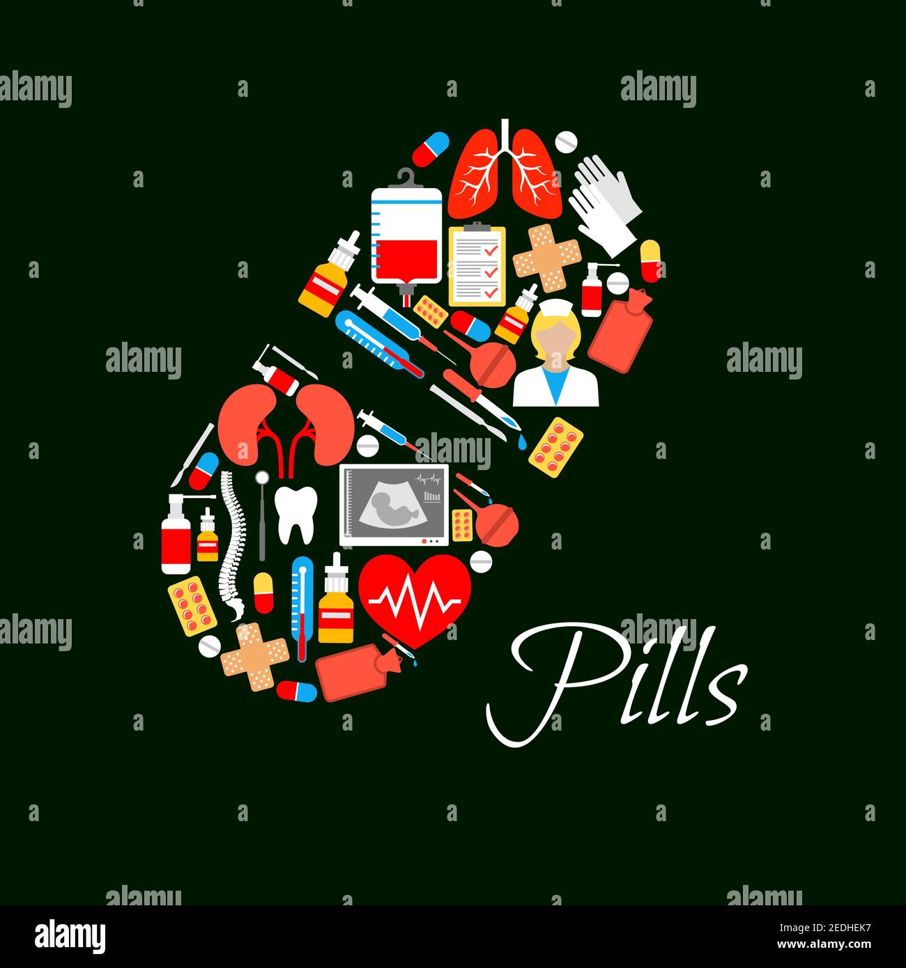 Pill capsule symbol or vector poster designed of medical items, healthcare medicine drugs, syringe, doctor instruments heart, lungs and kidney human o Stock Vector