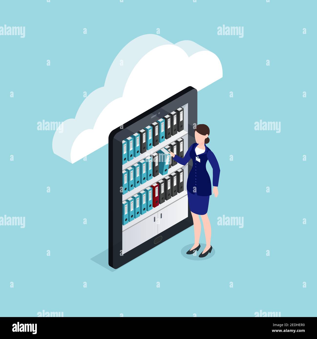 Cloud documents storage isometric design with woman near shelves with