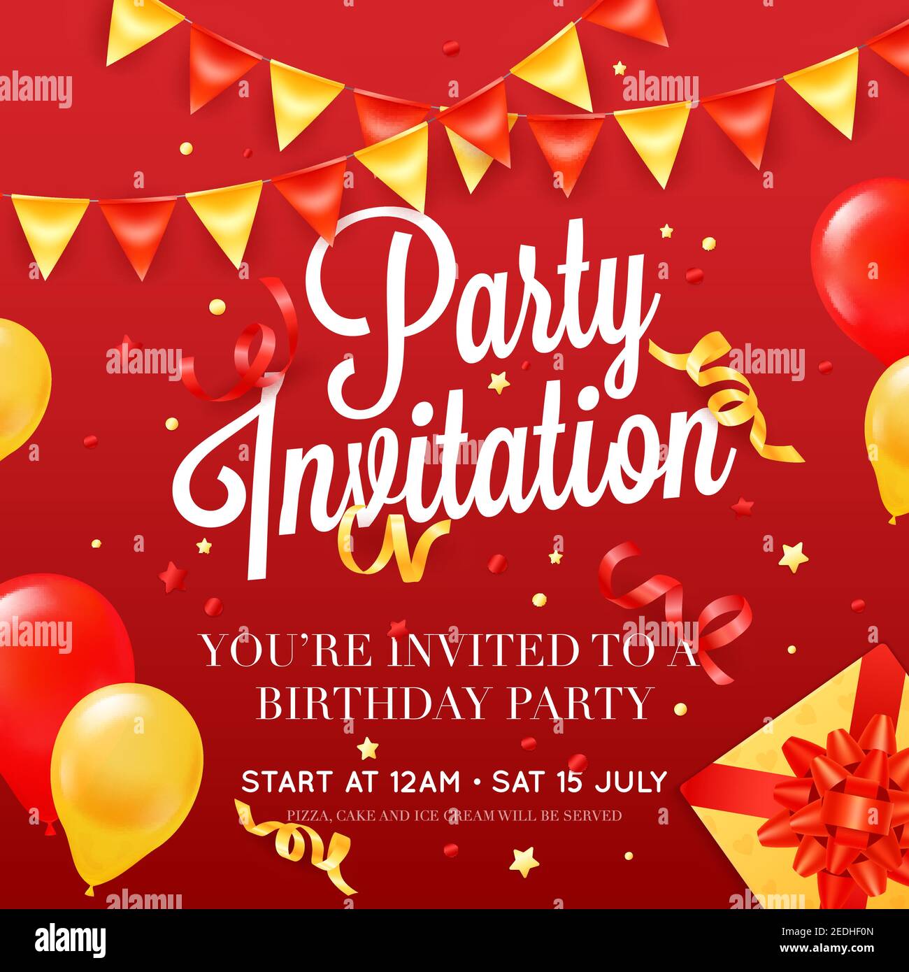 Birthday party invitation card poster template with ceiling balloon  decorations and presents red festive background poster vector illustration  Stock Vector Image & Art - Alamy