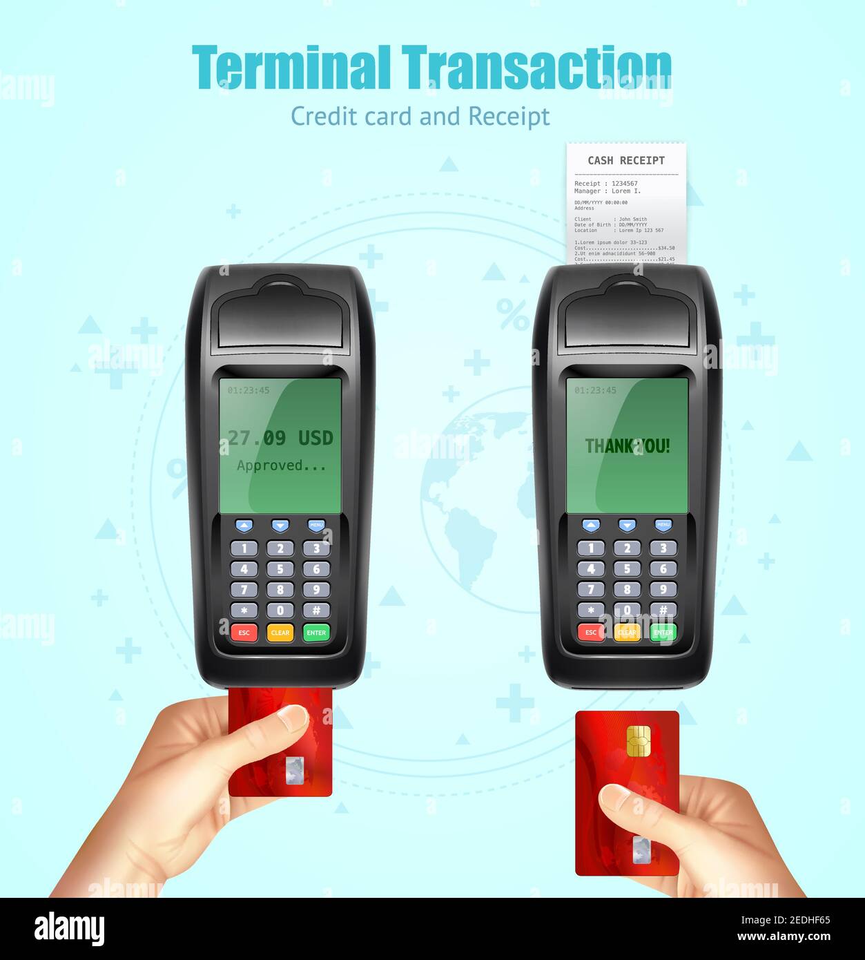 Credit bank card reader transaction payment moment with receipt coming