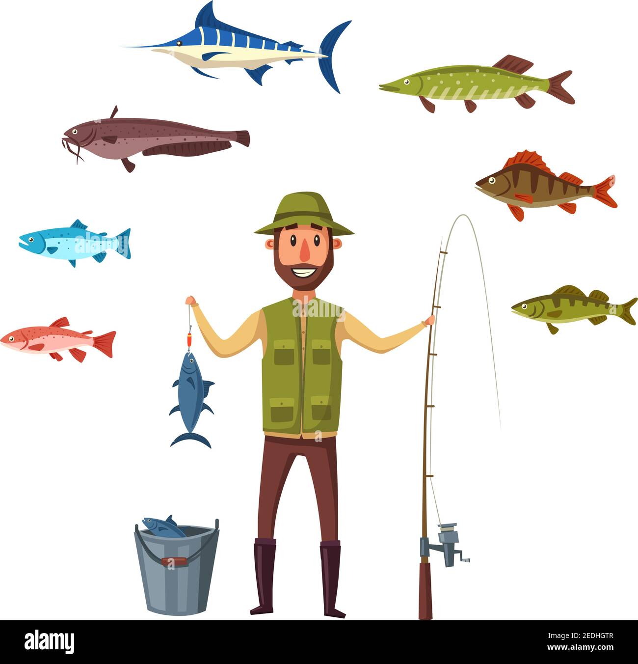 Fisherman with fishing rod and fish catch in bucket. Happy fisher man  holding fish on hook. Sea or river isolated vector fishes of marlin, pike  and sa Stock Vector Image & Art 