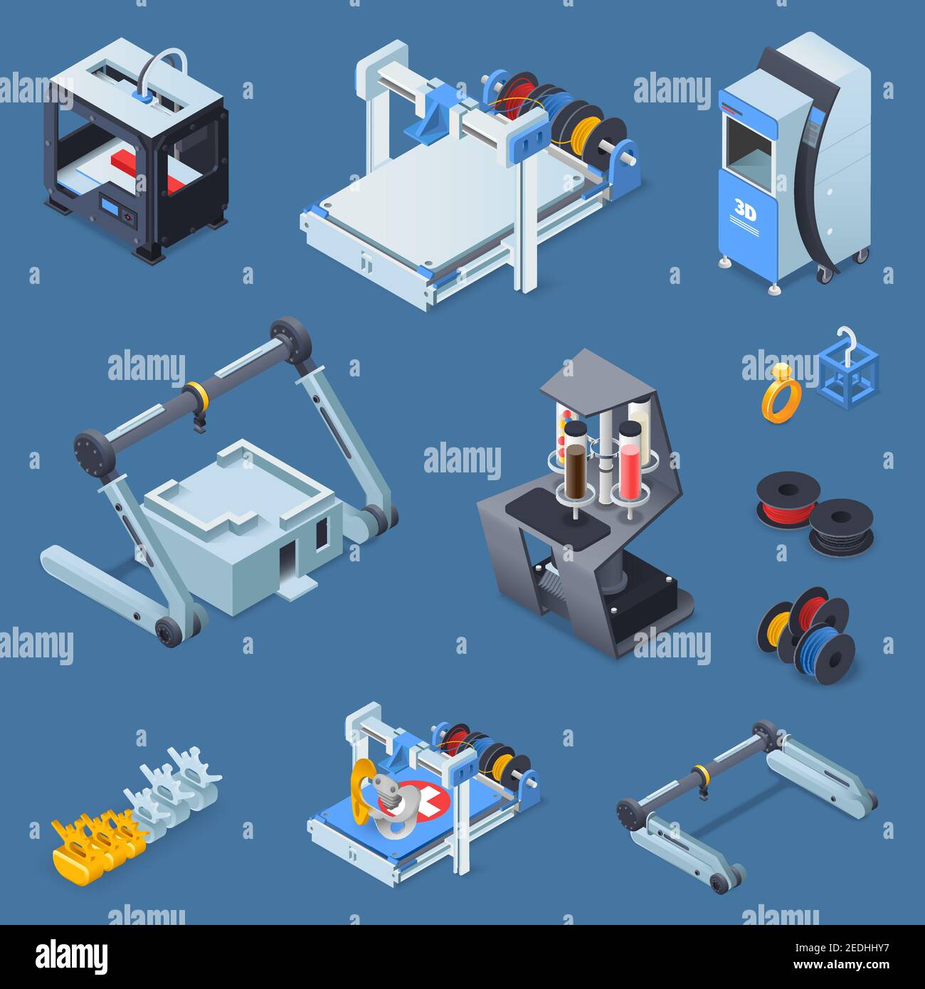 Printing isometric set with equipment on blue background isolated ...