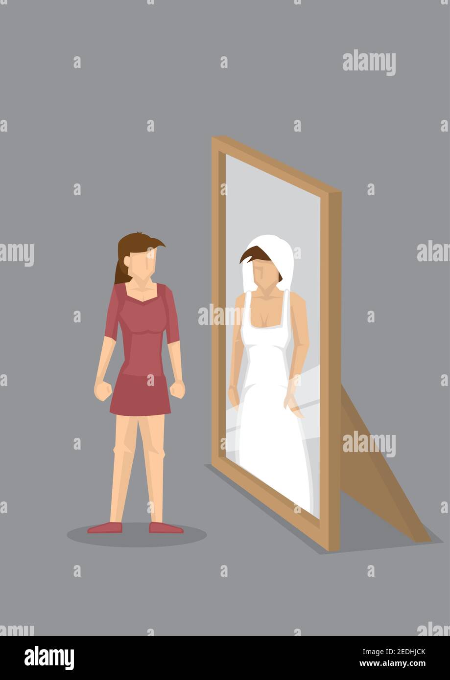 Cartoon woman sees herself as a Bride in wedding dress in mirror reflection. Vector illustration on concept for woman's fantasy for wedding. Stock Vector