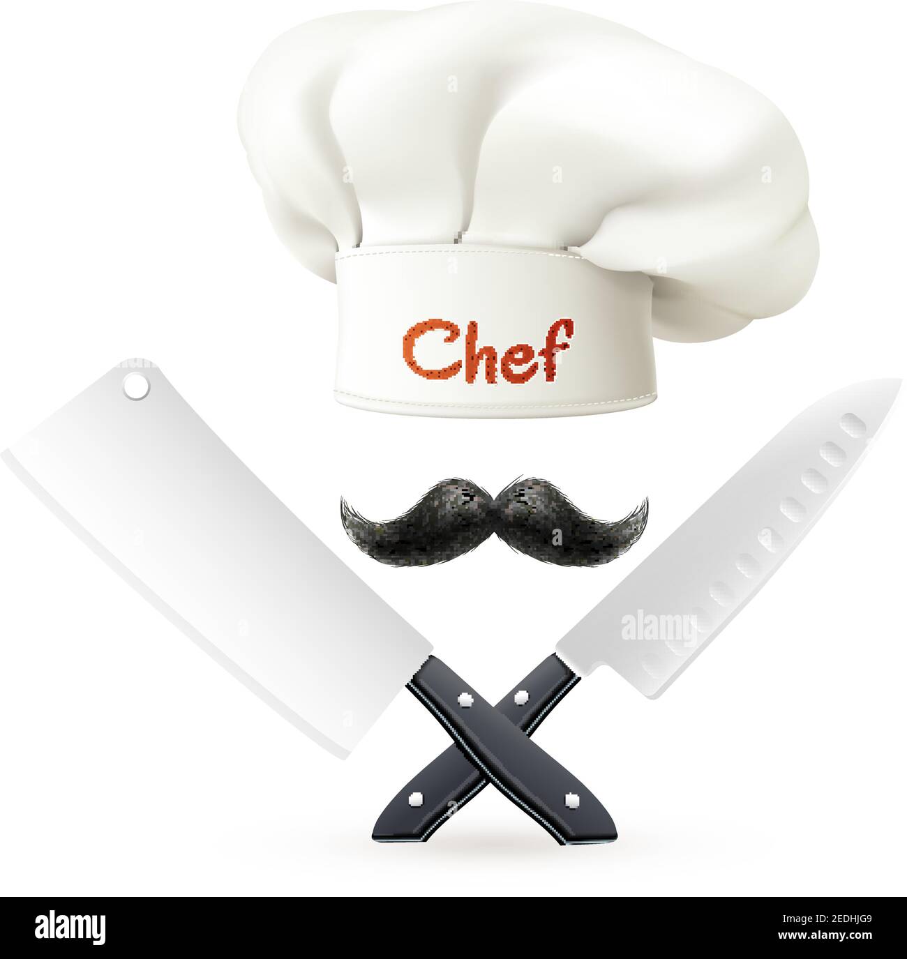 Composition from hat of chef with red lettering mustache and crossed knives on white background vector illustration Stock Vector