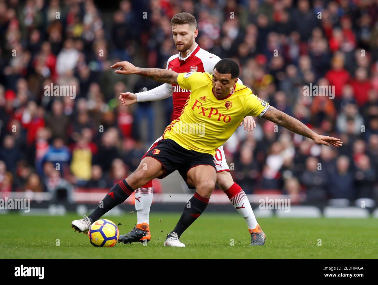 Soccer Football - Premier League - Arsenal vs Watford - Emirates Stadium, London, Britain - March 11, 2018 Watford's Troy Deeney in action with Arsenal's Shkodran Mustafi REUTERS/Eddie Keogh EDITORIAL USE ONLY. No use with unauthorized audio, video, data, fixture lists, club/league logos or "live" services. Online in-match use limited to 75 images, no video emulation. No use in betting, games or single club/league/player publications. Please contact your account representative for further details. Stock Photo