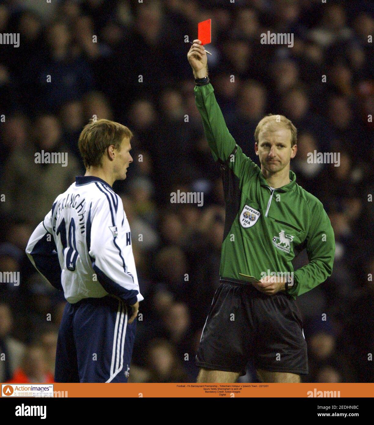 Football - FA Barclaycard Premiership - Tottenham Hotspur v Ipswich Town - 22/12/01  Spurs Teddy Sheringham is sent off by Referee Mike Riley  Mandatory Credit: Action Images  Digital Stock Photo