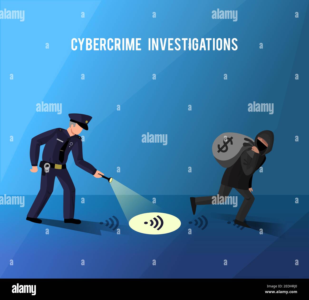 Computer internet hightech crime investigation cyber attacks and misuse of data prevention flat dark blue poster vector illustration Stock Vector