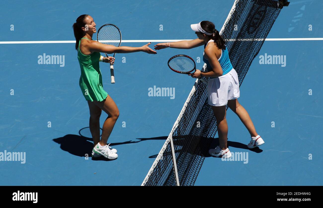 Tennis - Australian Open - Melbourne Park, Australia - 25/1/09 Jankovic of Serbia (L) hands with Bartoli of France (R) after losing her fourth round Mandatory Credit: Action