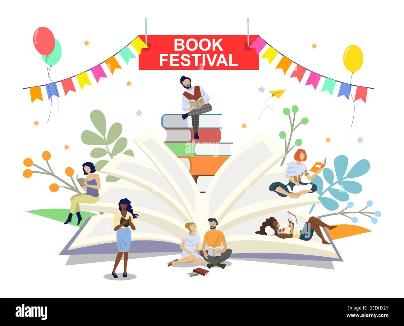 Book festival poster banner vector template. People reading books