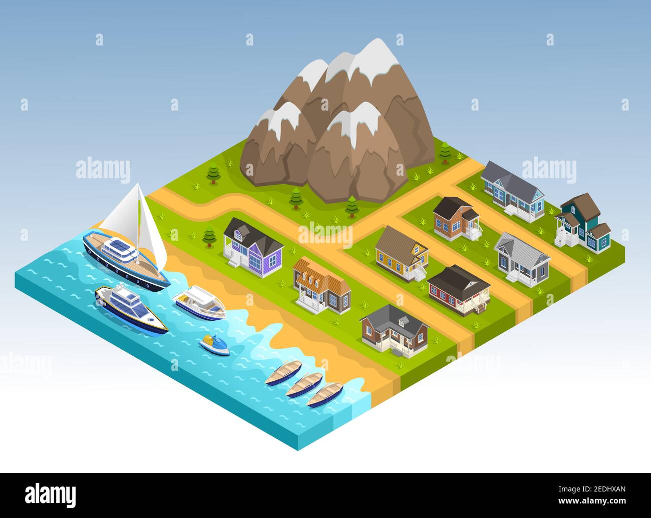 Sea line scape composition with cottage estate isometric houses mountains and coastline with yachts cruisers and boats vector illustration Stock Vector