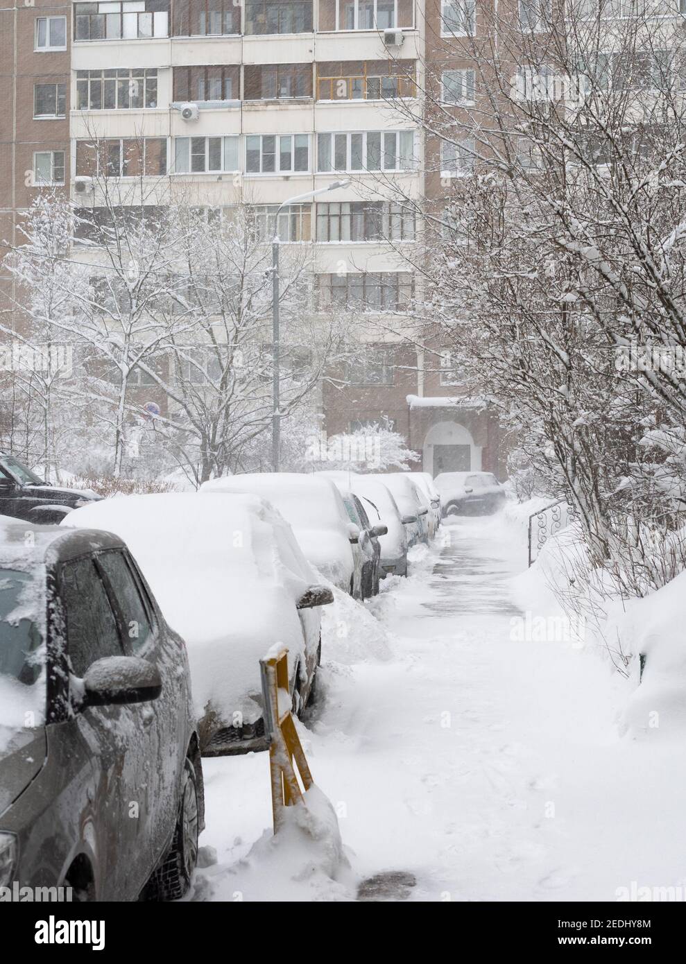 Cars in the yard of a house during heavy snowfall in Russia Stock Photo ...