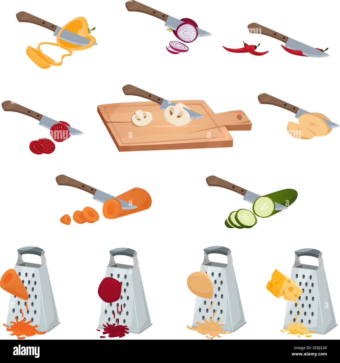 Vegetables preparing set of tools for chopping cutting by knife and grater isolated vector illustration Stock Vector
