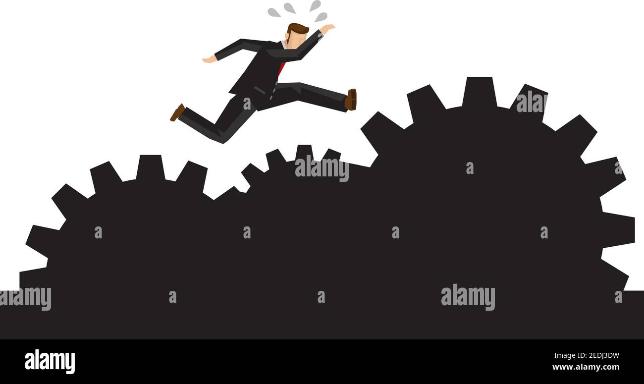 Overcomign Risk Businessman running on the rocky path making up of gears. Concept of ...