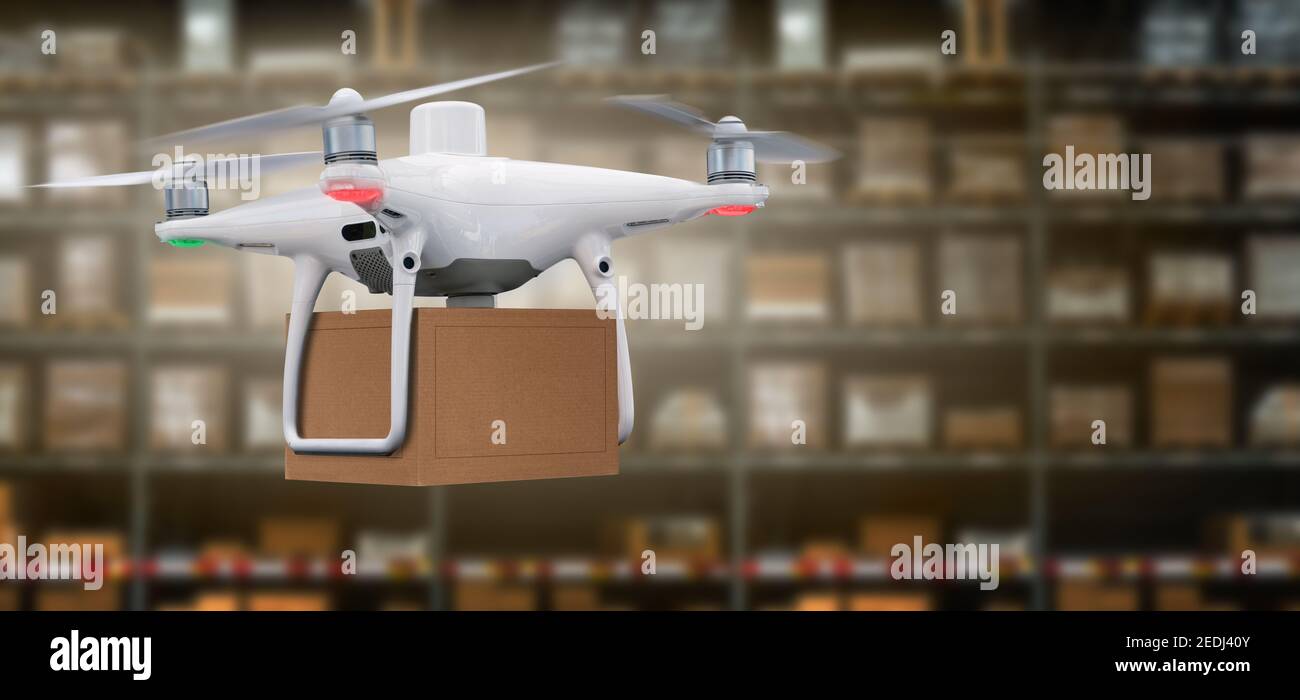 Drone with a package in a distribution warehouse. Unmanned delivery ...