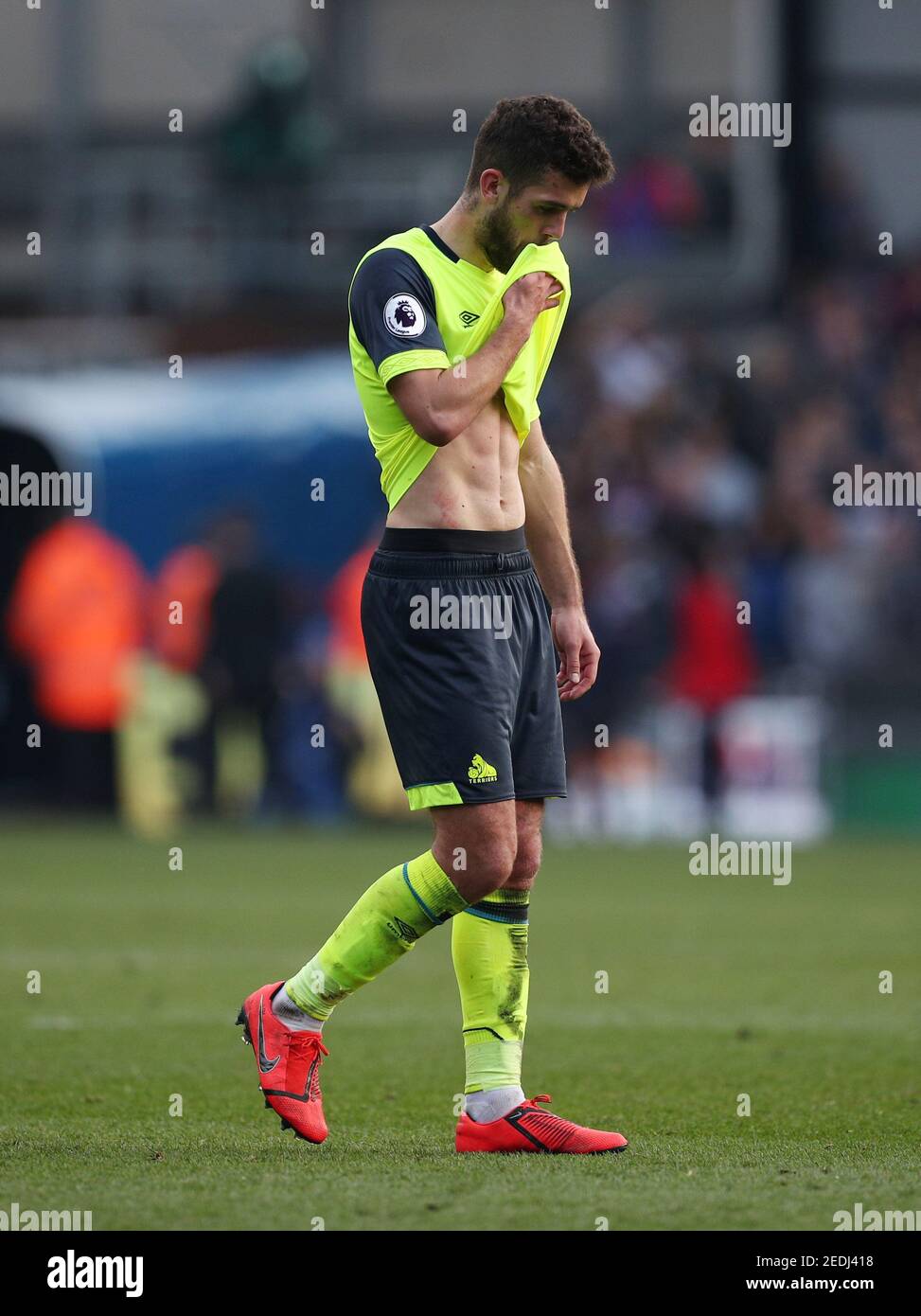 Soccer Football - Premier League - Crystal Palace v Huddersfield Town - Selhurst Park, London, Britain - March 30, 2019 Huddersfield Town's Christopher Schindler looks dejected after the match as they are relegated from the Premier League REUTERS/Hannah McKay EDITORIAL USE ONLY. No use with unauthorized audio, video, data, fixture lists, club/league logos or "live" services. Online in-match use limited to 75 images, no video emulation. No use in betting, games or single club/league/player publications. Please contact your account representative for further details. Stock Photo
