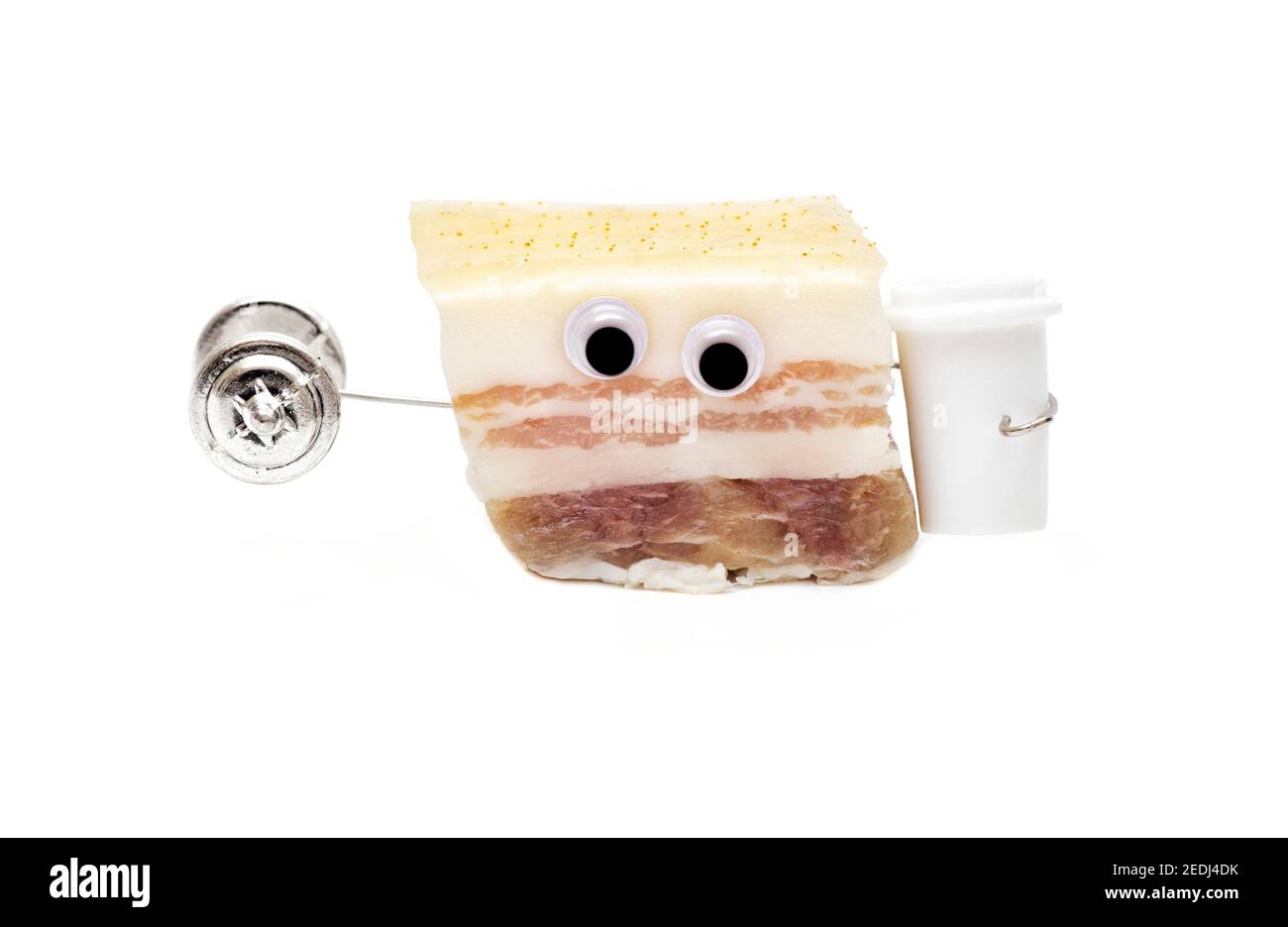 Salted pork fat character lifting a dumbbell and holding a protein