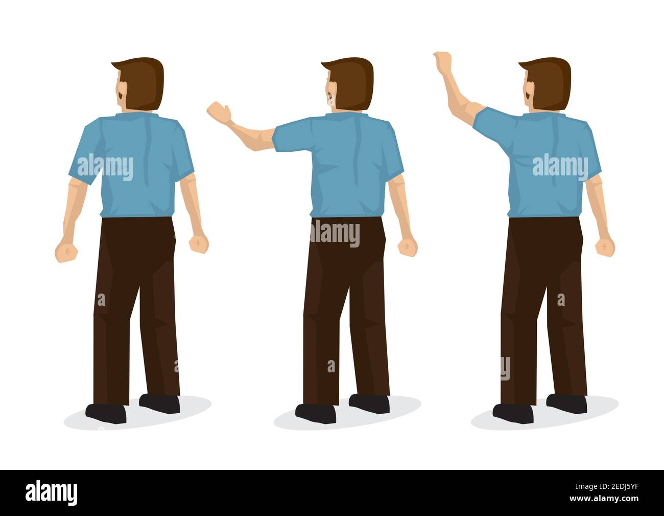 Set of three of a back view of a man in blue waving. Flat isolated vector illustration; Stock Vector
