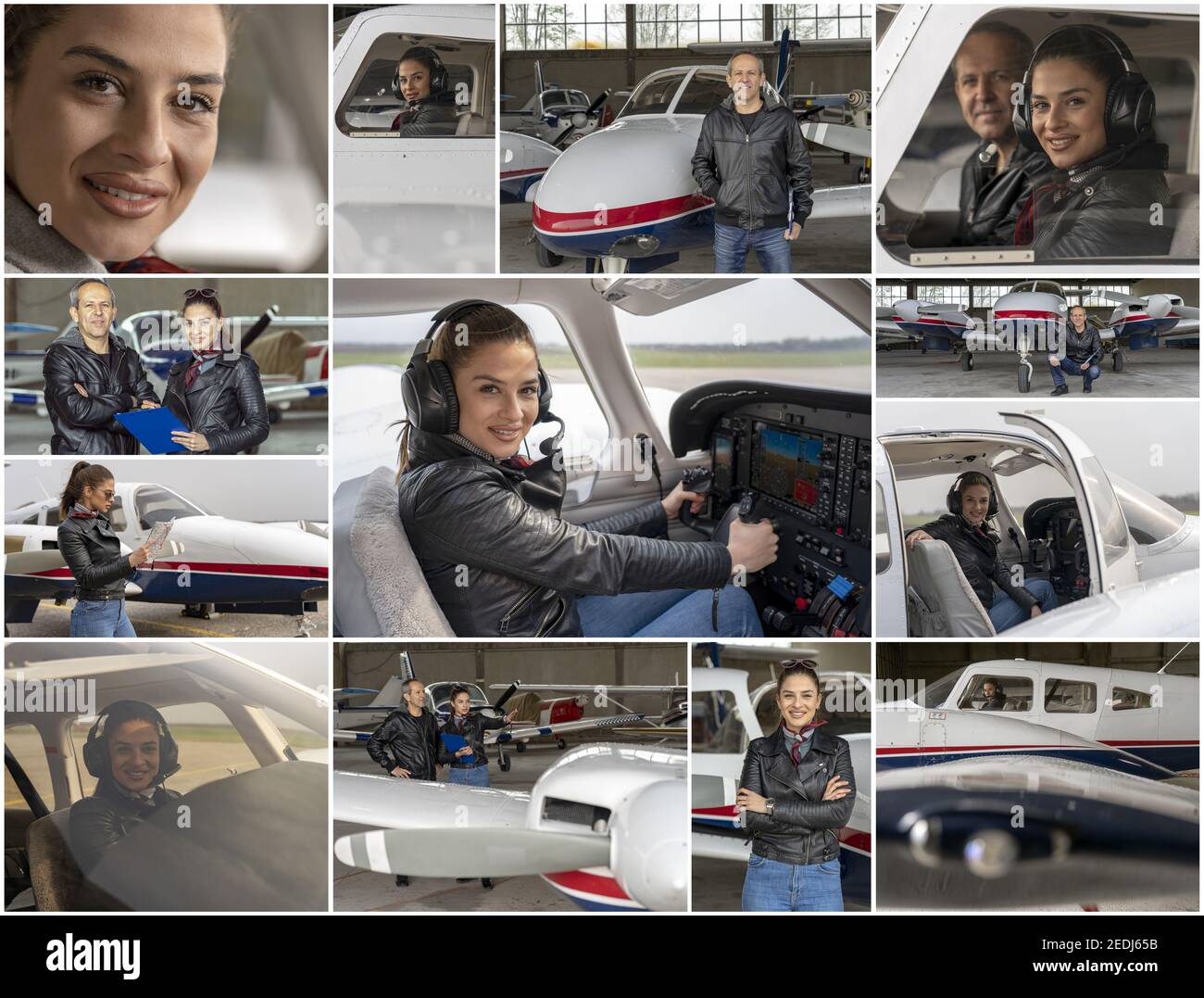 Flight School -Woman in Aviation- Gender Equality at Work. Collage of Photographs Showing Smiling Female Pilot and Flight Instructor in Flight School. Stock Photo