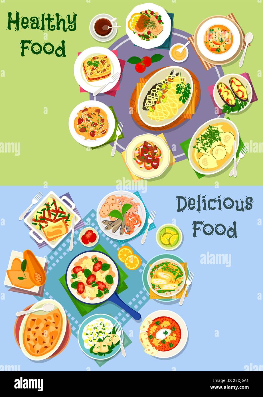 Nutritious dinner icon set of vegetable casserole with meat, cheese and sausage, grilled seafood, fried fish with veggies salad, pasta with liver, pum Stock Vector
