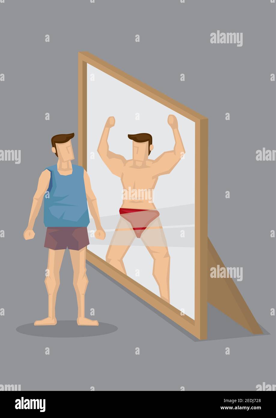 man looking at body in mirror