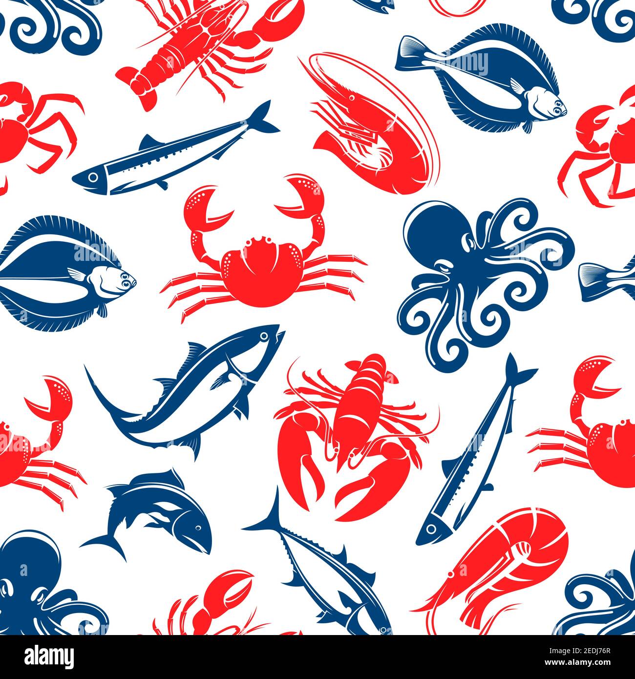 Seafood vector seamless pattern of fish and sea food lobster or crab ...