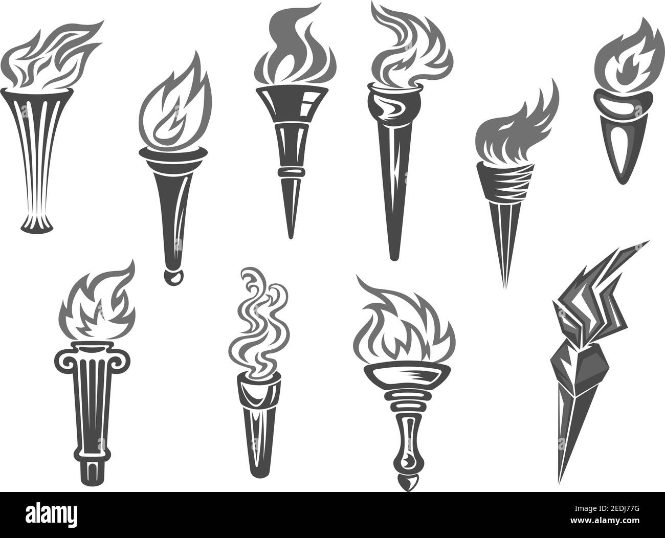 Olympic flame or fire torch icons. Vector set of isolated burning sport or contest torches flames. Symbols of relay race, competition victory, champio Stock Vector