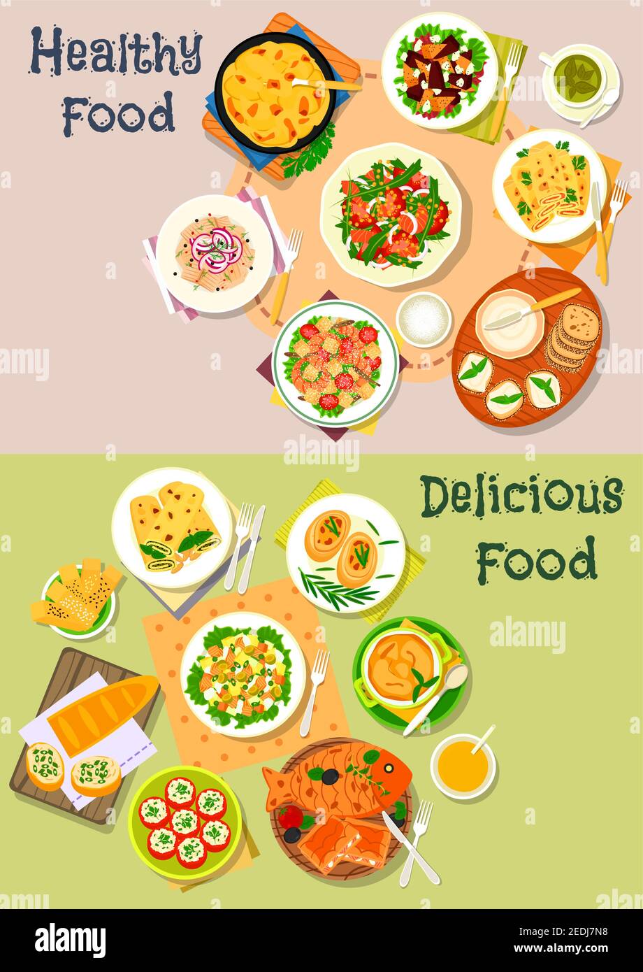 Dinner dishes with fish and cheese icon set of salmon, cheese, shrimp, beet and herring salad, cheese bread, fish pie, pancake with salmon and pesto, Stock Vector