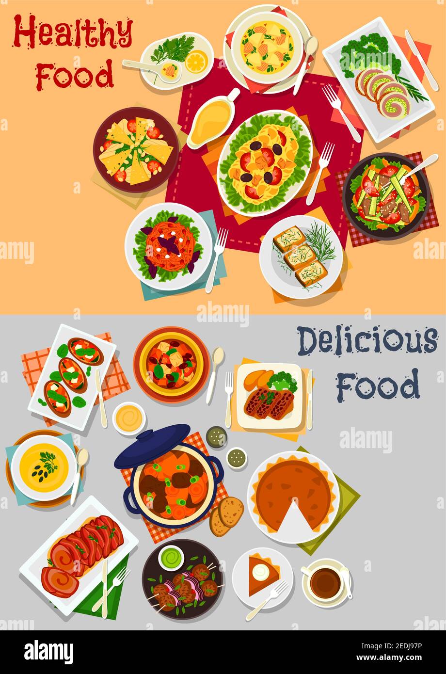 Dinner menu with main dishes and dessert icon of baked meat, salads with vegetable, pork, cheese, chicken and pasta, pork bean stew with veggies, pump Stock Vector