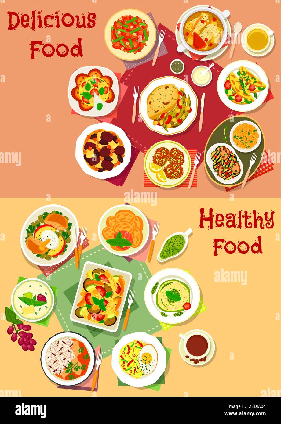 Lunch with fruit dessert icon with vegetable and pasta casserole, beef stew, baked fish and turkey, grilled veggies, lentil and vegetable salad with f Stock Vector
