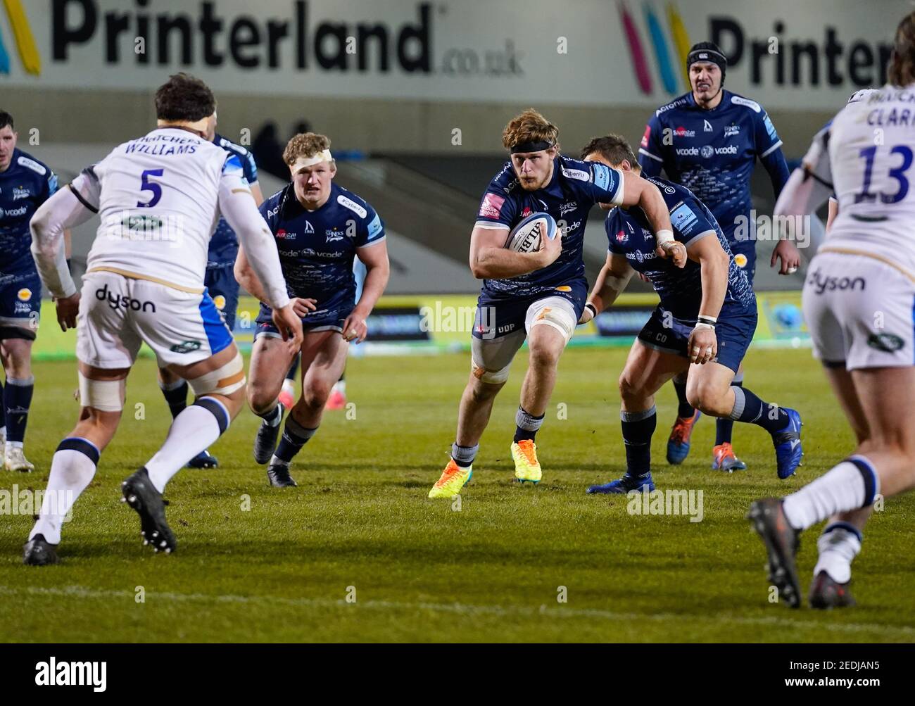 Sale Sharks No.8 Dan Du Preez drives into the Bath defence during a Gallagher Premiership Round 9 Rugby Union match, Friday, Feb 12, 2021, in Leiceste Stock Photo
