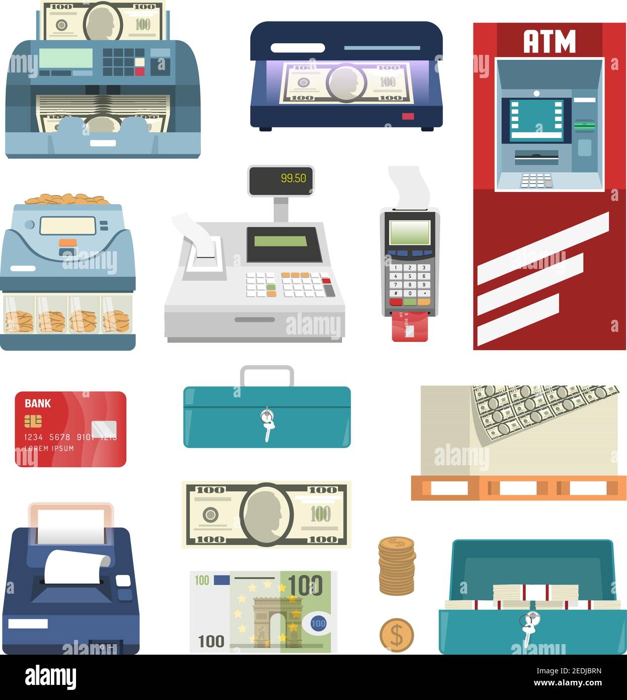 Bank attributes isolated colored icon set with cash machine register ...