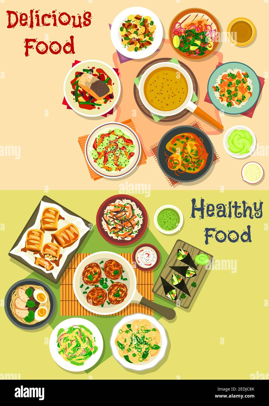 Lunch meals icon set of pasta with cheese, ham and pesto, chicken and eggs with curry sauce, vegetable salad and stew, sushi, noodle and pumpkin soups Stock Vector