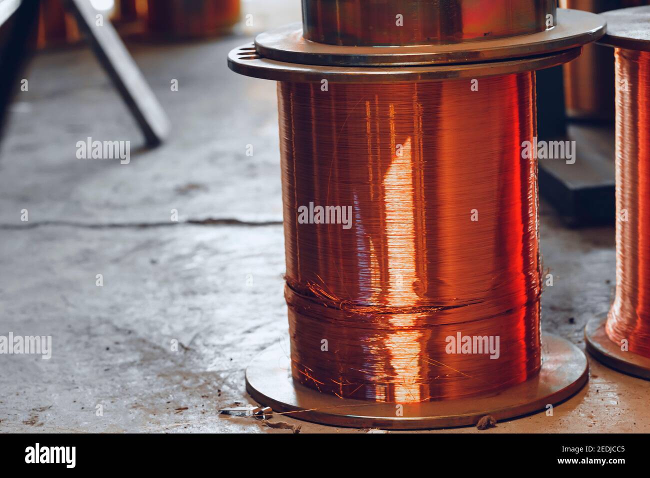 Copper wire reels in cable factory close up Stock Photo Alamy