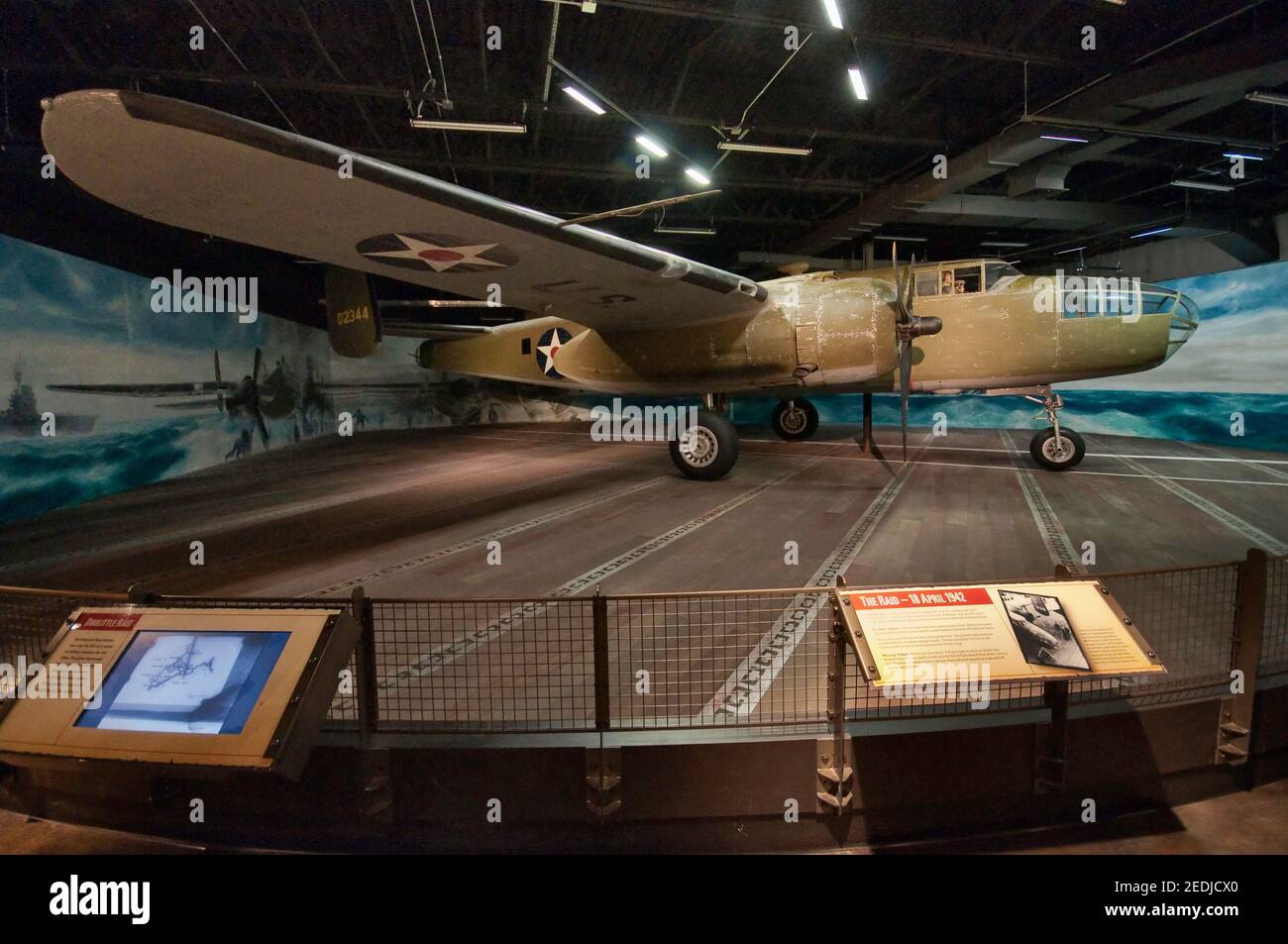 North American B-25 Mitchell, an American twin-engined medium bomber, famous for Doolittle Raid, diorama display at George H W Bush Gallery at National Museum of the Pacific War in Fredericksburg, Texas, USA Stock Photo