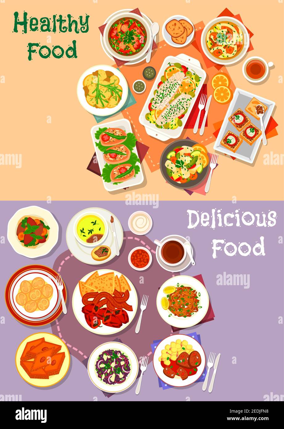 Dinner with dessert icon set of baked beef, chicken and fish, kebab with pepper, soup with pork, vegetable and noodle, dumpling, seafood risotto, fish Stock Vector