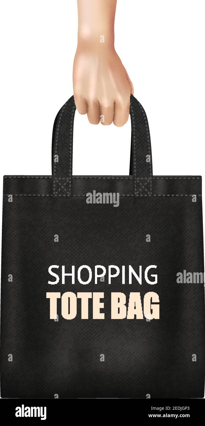 Hand holding fashionable black canvas shopping tote bag with lettering realistic close up view