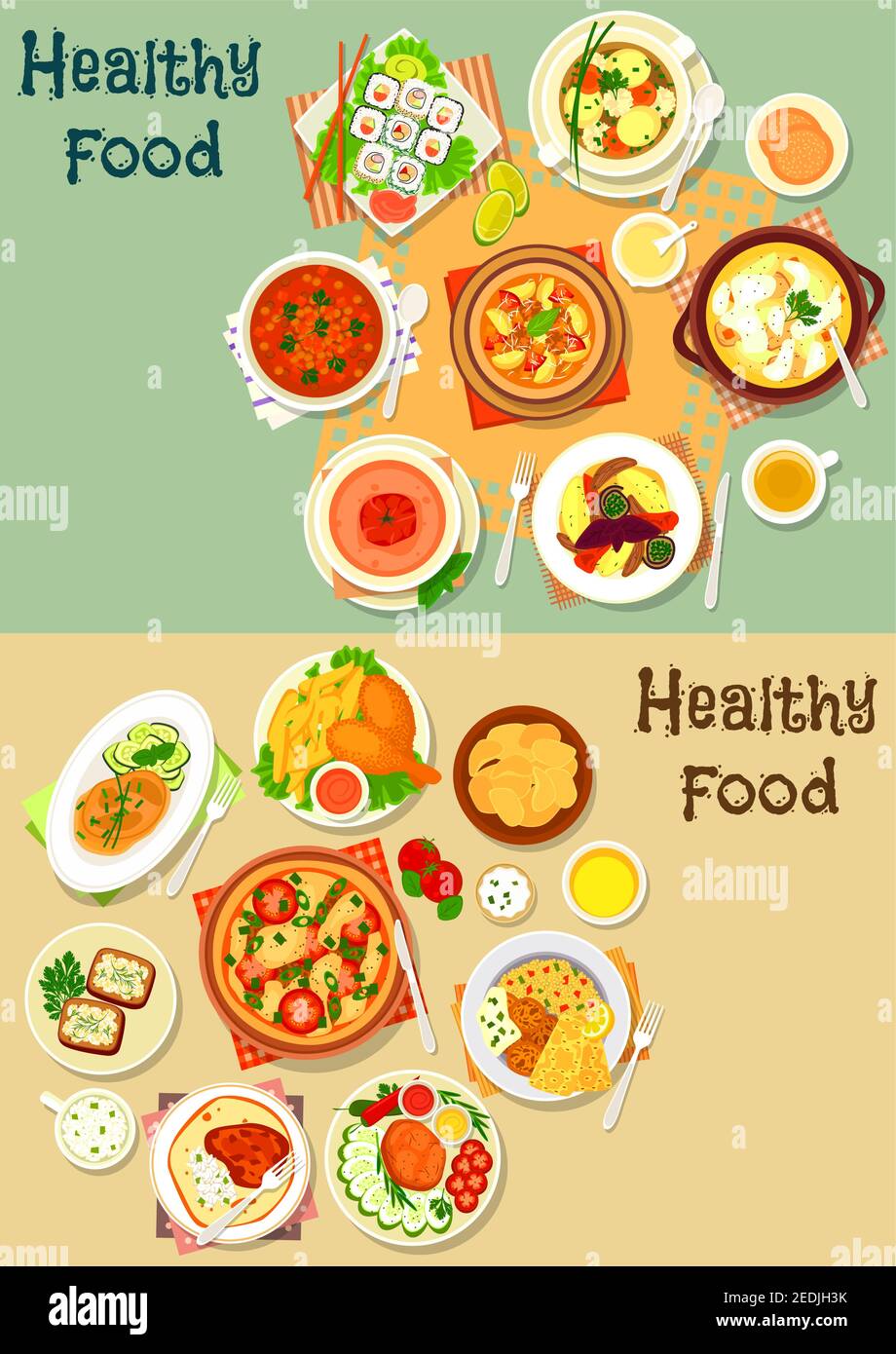 Popular lunch food icon set with sushi roll, pizza, chicken leg with fries, grilled meat with vegetables, lamb stew, soups with chicken, fish, meatbal Stock Vector