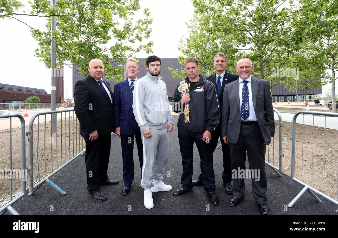 Boxing - Frank Warren & GLL Press Conference - London Legacy Development Corporation - 10/6/13  (From L-R) GLL Head of Sport Phil Lane, Promoter Frank Warren, John Ryder, Billy Joe Saunders, GLL Director Peter Bundey and London Legacy Development Corporation Chief Executive Dennis Hone pose outside the Copper Box Arena   Mandatory Credit: Action Images / Steven Paston  Livepic Stock Photo
