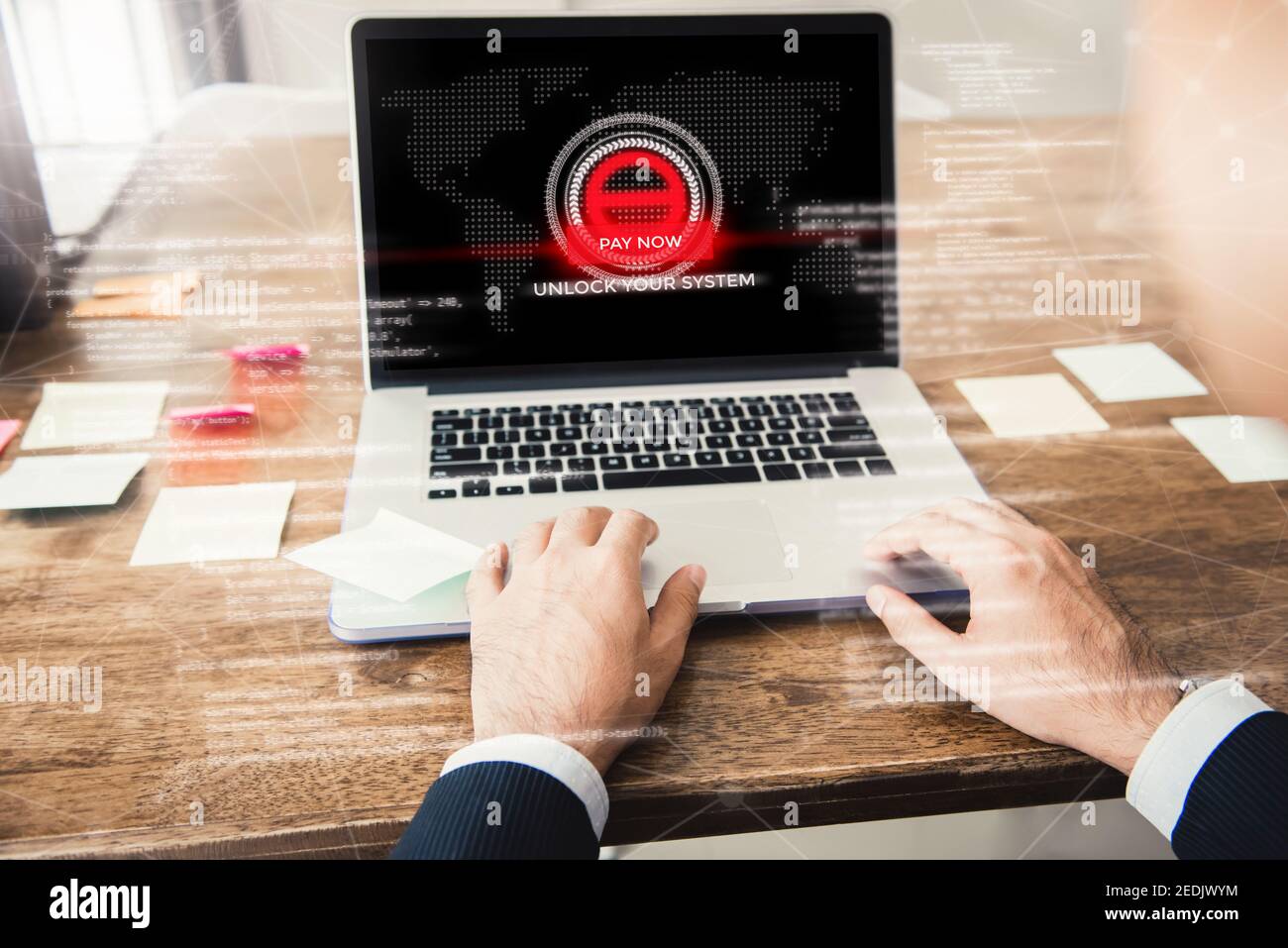 Laptop computer with the system being locked by ransomware cyber attack Stock Photo