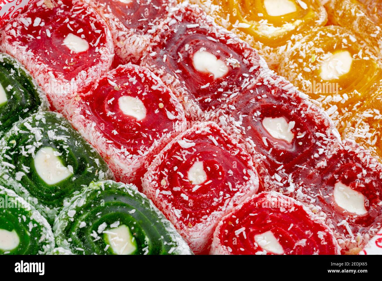 Background of rows of colorful Turkish Delight sweets Stock Photo - Alamy