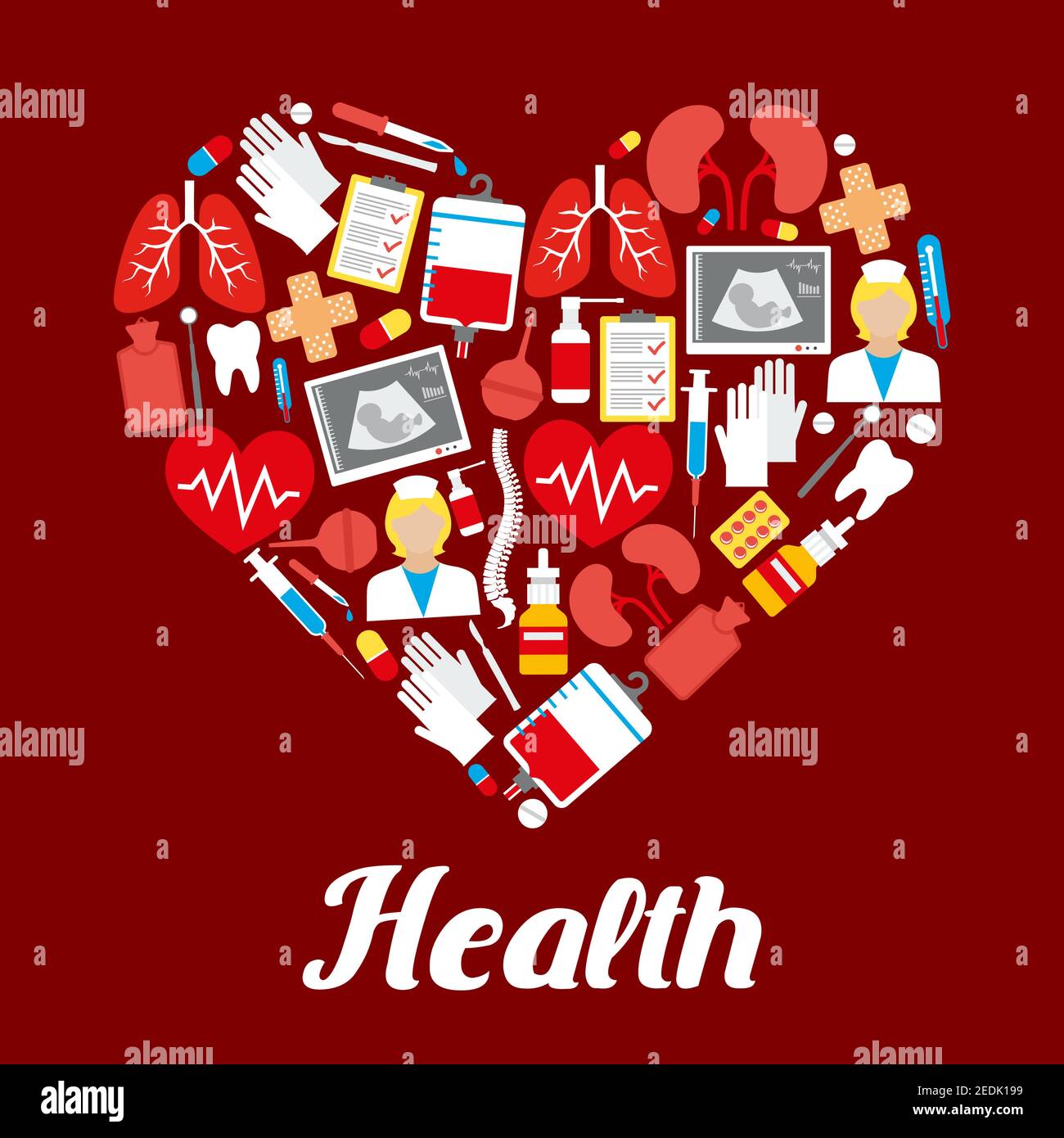 Heart poster or vector medicines and medical items of healthcare drugs, syringe, therapy and dentistry instruments, lungs and kidney human organs, spi Stock Vector