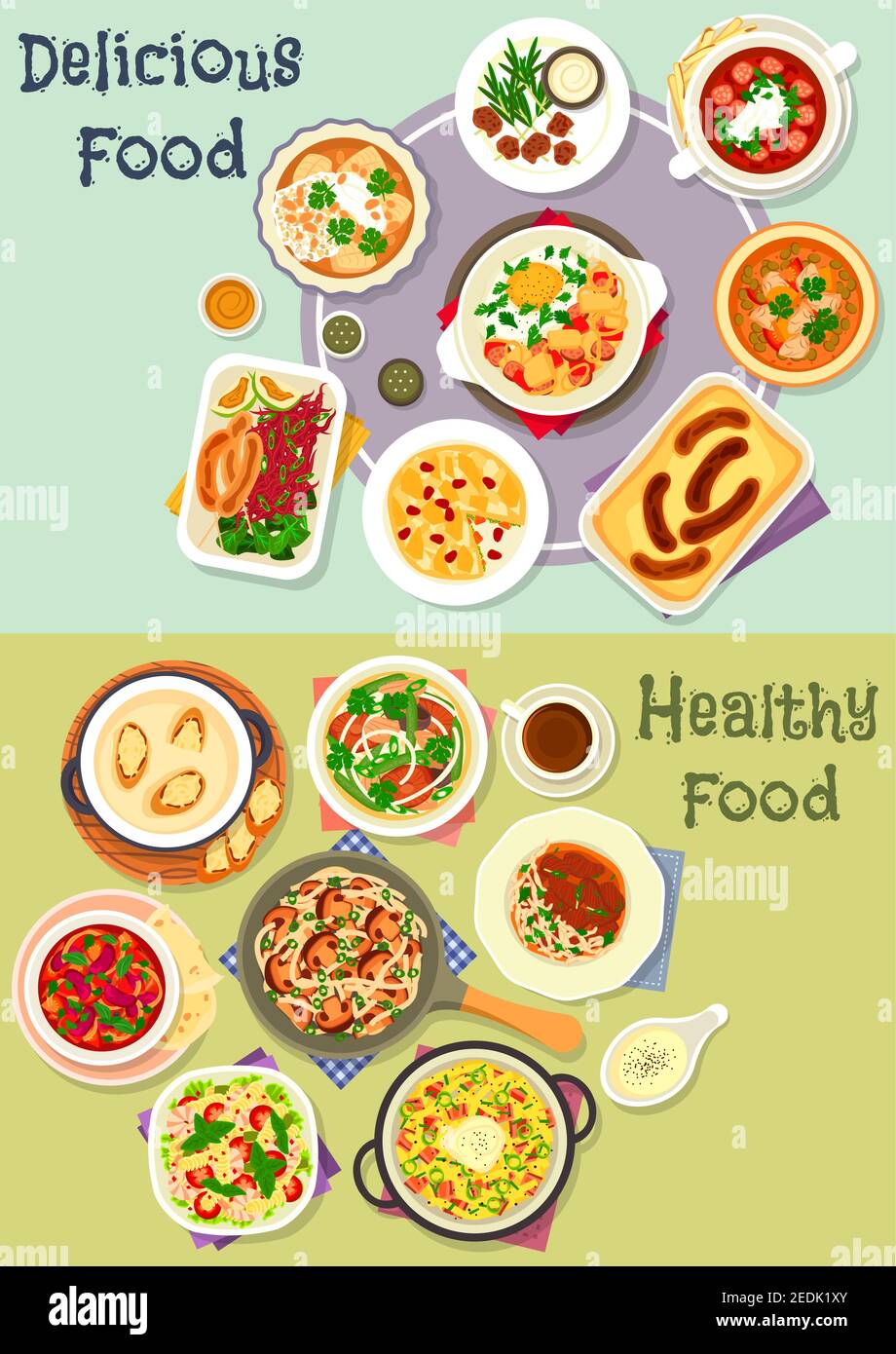 Tasty snacks icon set of noodles with mushroom and beef, fish vegetable and meat stews, sausages with cabbage salad, fried egg and cheese, shrimp past Stock Vector