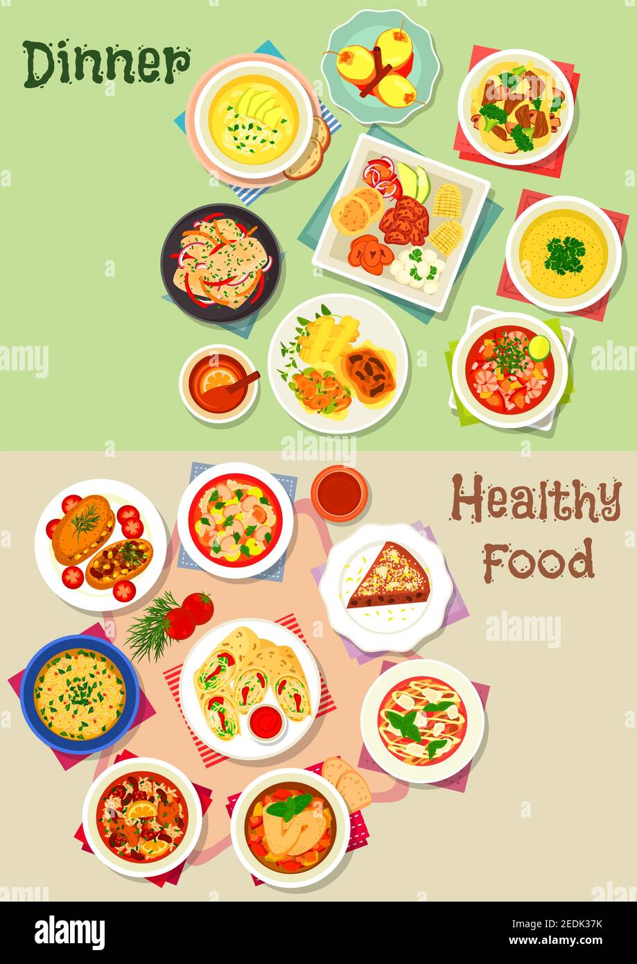 Dinner icon set of vegetable soups with meat, shrimp and bean, chicken rice, vegetable meat stew, baked fish, potato and pork, chicken cheese roll, pe Stock Vector