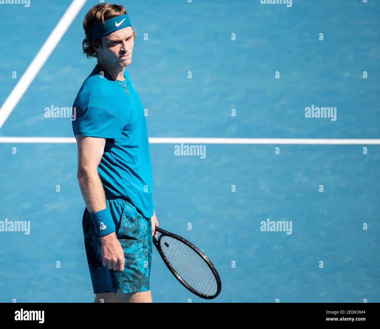 Melbourne Australia 15th Feb 2021 Andrey Rublev Of Russia Reacts During The Men S Singles Match Against Casper Ruud Of Norway At Australian Open In Melbourne Park In Melbourne Australia Feb 15 2021