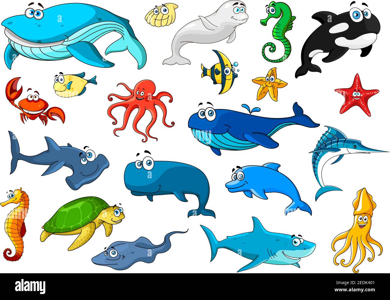 Cartoon sea animals icons. Fish, sea turtle, whale, crab, starfish, octopus and jellyfish, seahorse and dolphin, shark, shell, squid and shrimp, sting Stock Vector