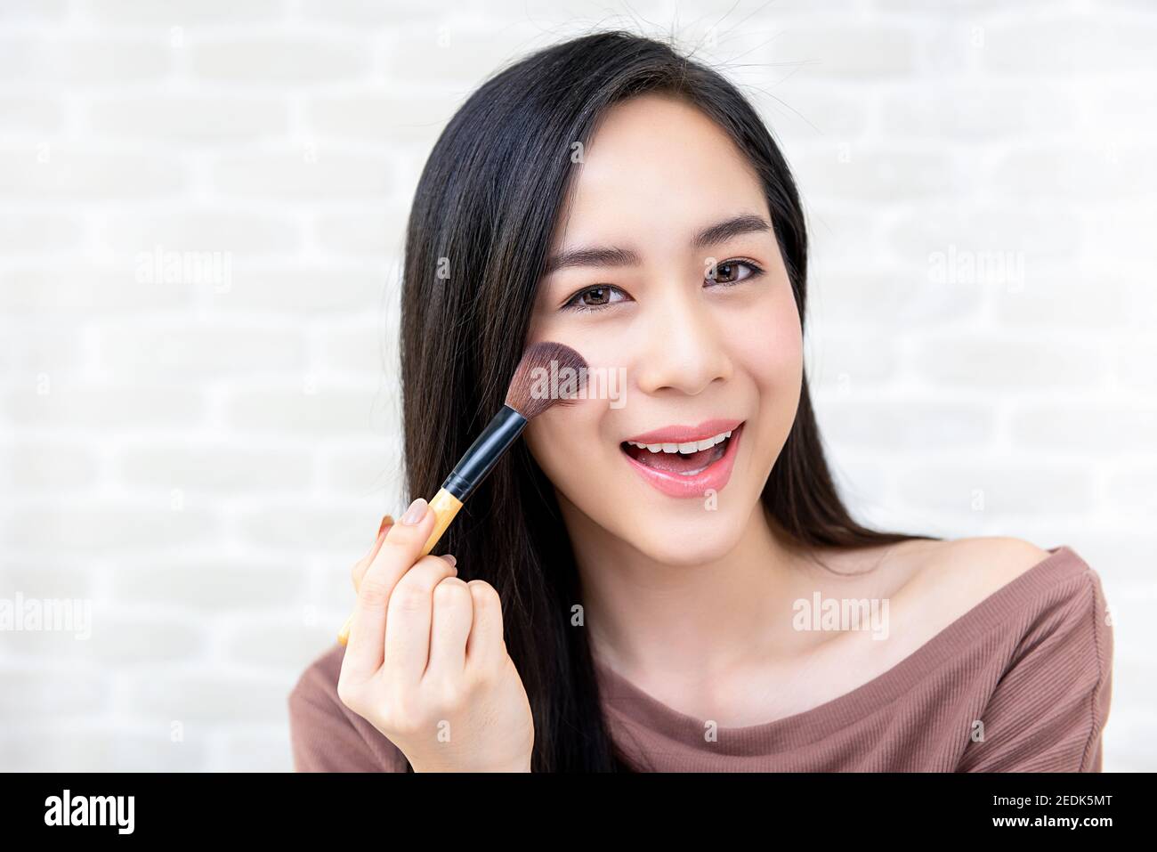Young beautiful Asian woman professional beauty vlogger or blogger doing cosmetic makeup tutorial Stock Photo